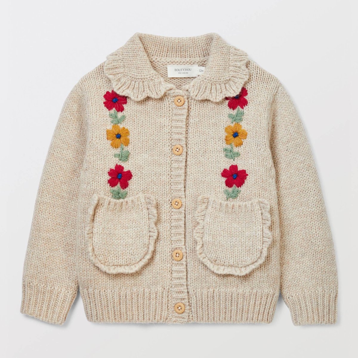 Cardigan tricot brodé contenant de la laine beige melange, BOUT'CHOU