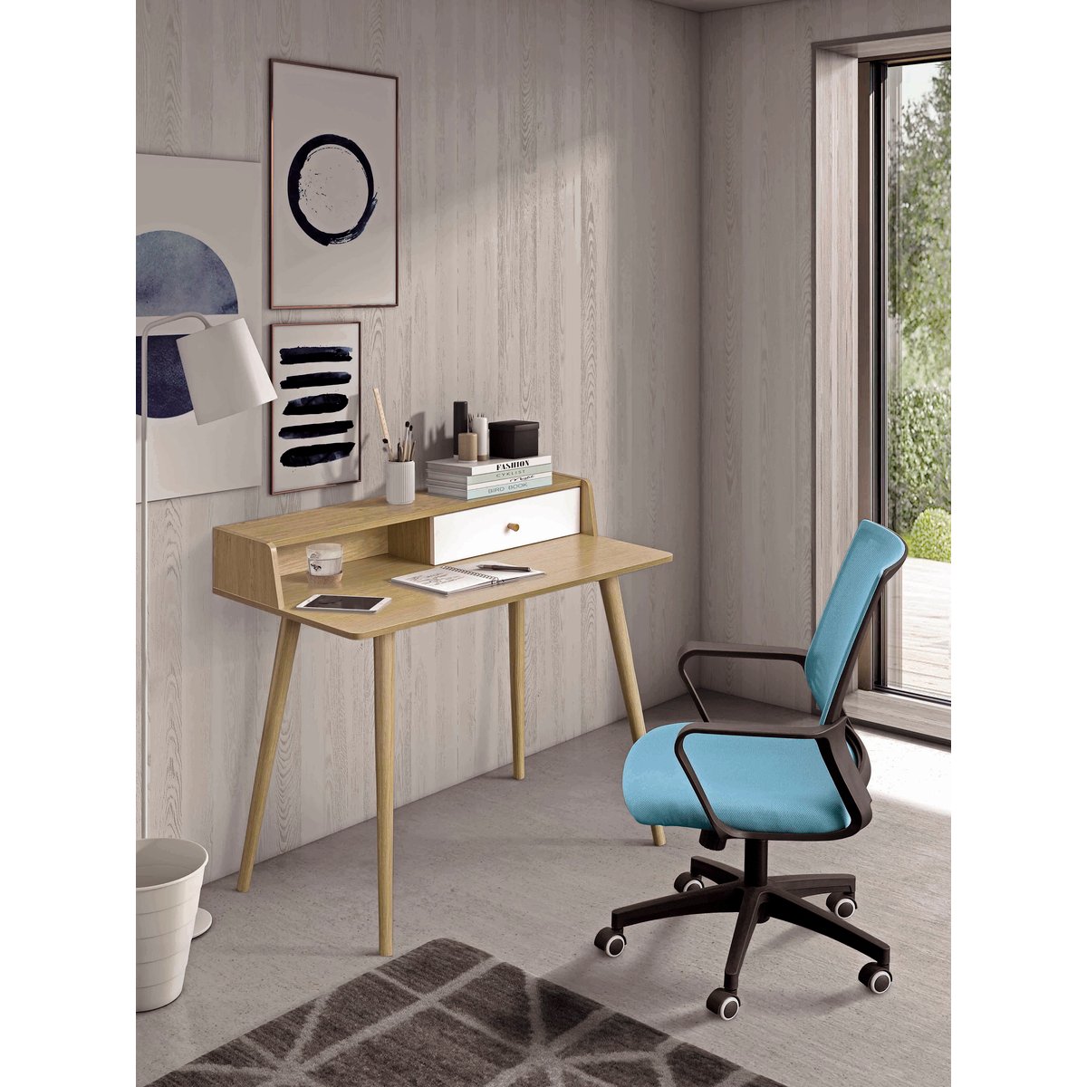Fauteuil de bureau à roulettes en tissu, SOPHIE bleu, HISPANOHOGAR