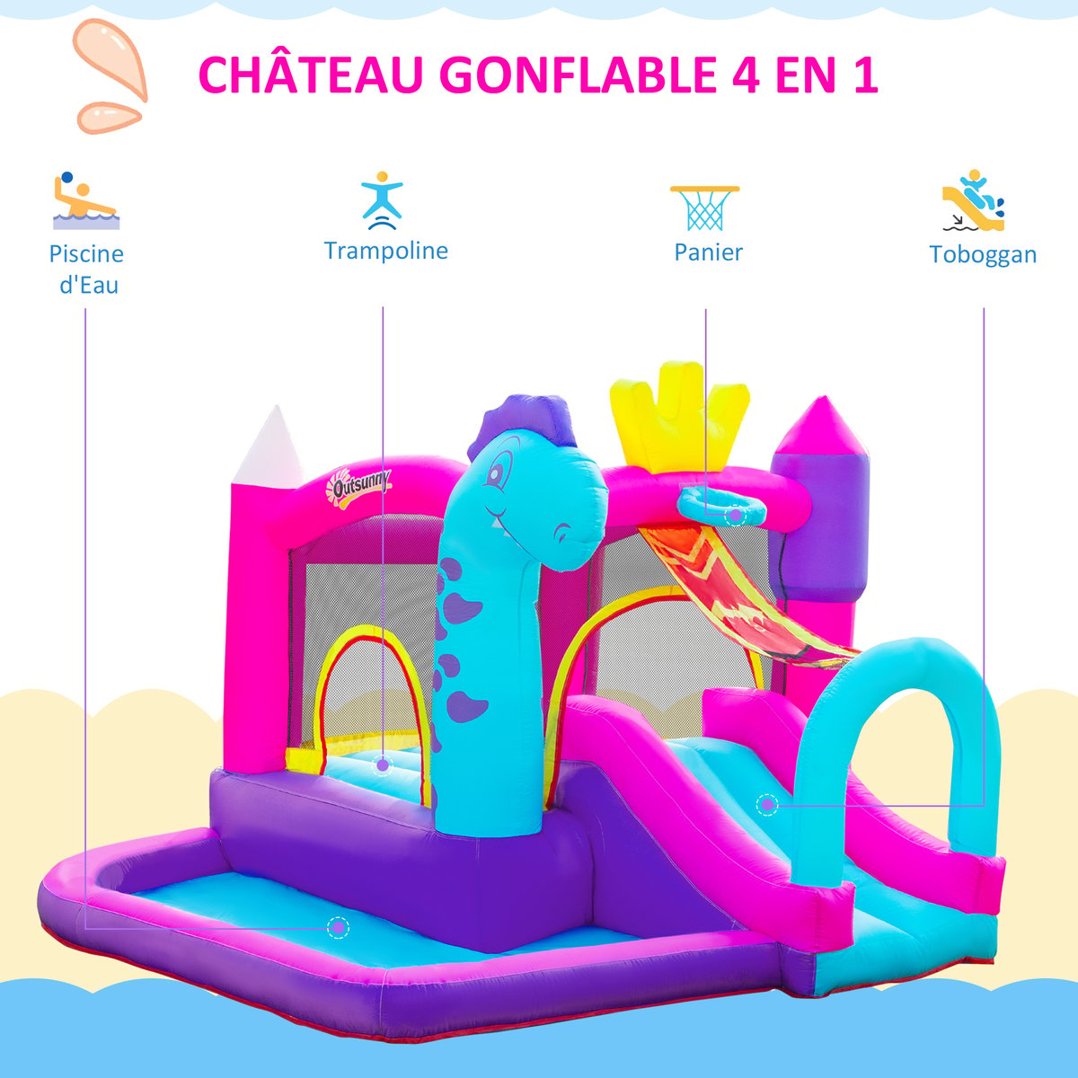 Château gonflable Tissu Oxford rouge, jaune, rose, OUTSUNNY