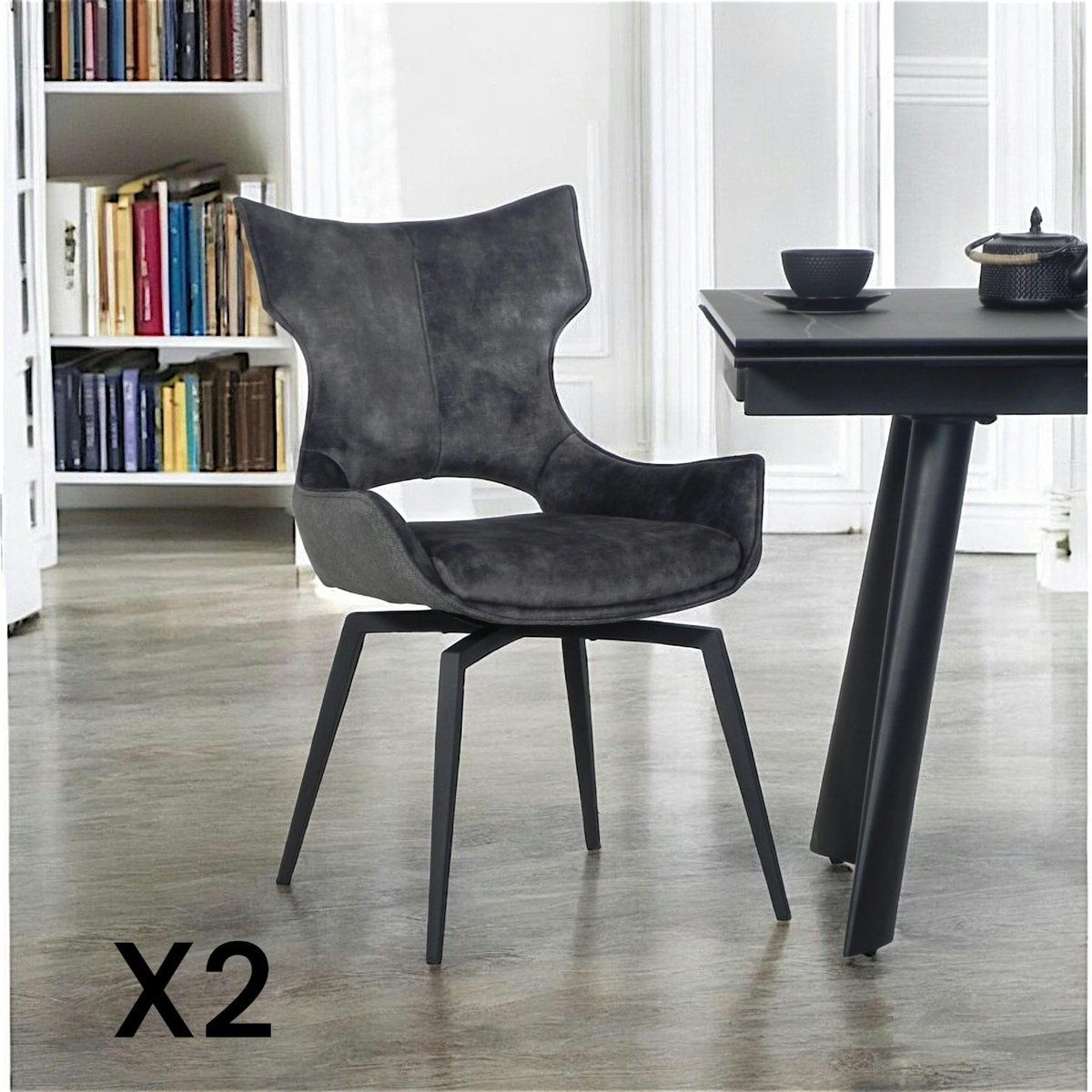 Chaise pivotante gris anthracite bi-matière, dossier en T (lot de 2) LOMBARDIE anthracite, PIER IMPORT