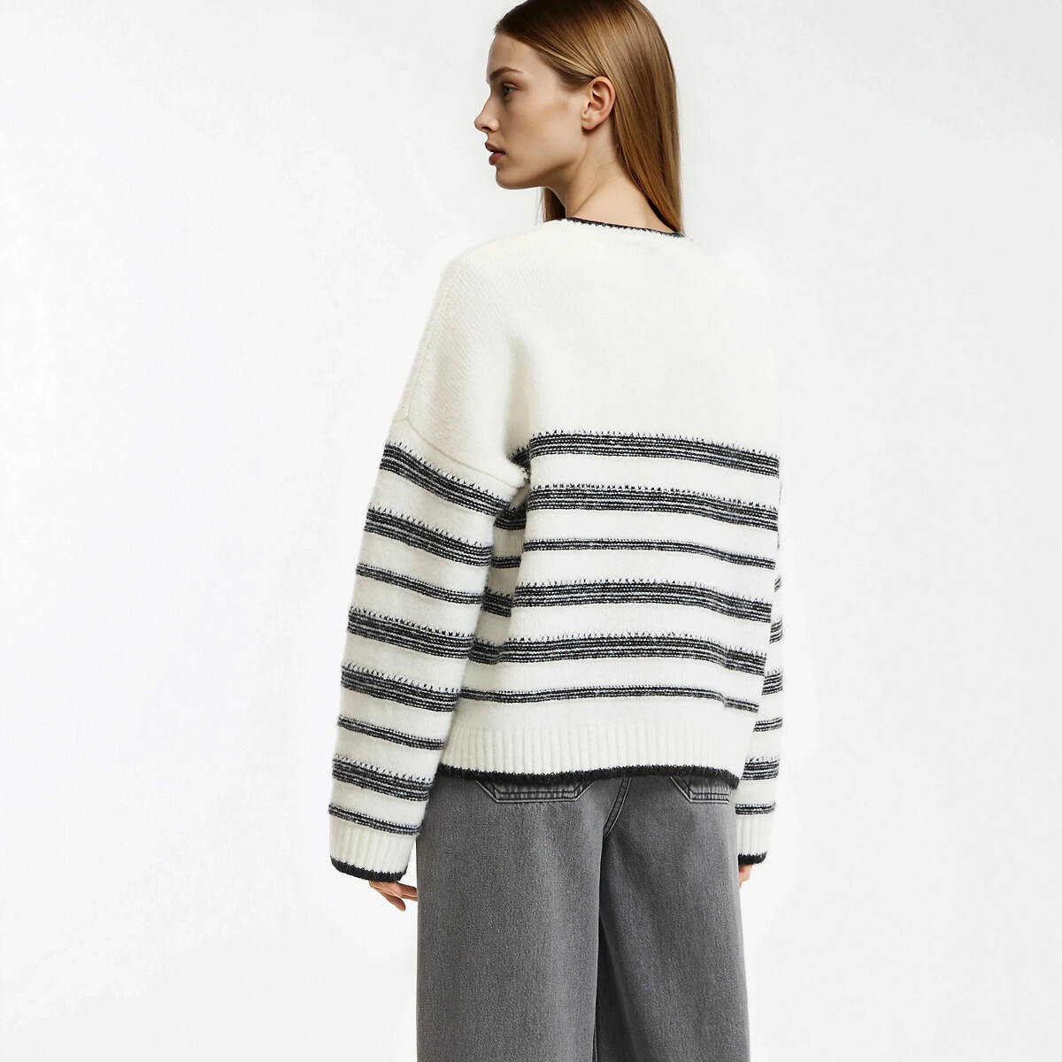 Striped Crew Neck Jumper in Chunky Knit ivory, LA REDOUTE COLLECTIONS