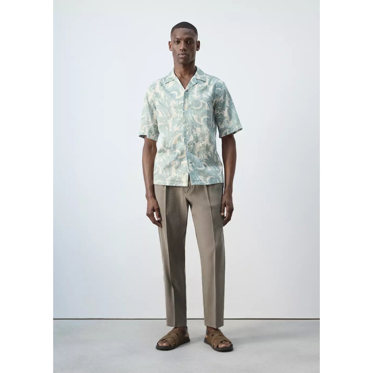 Chemise coton imprimée col bowling vert pastel, MANGO MAN