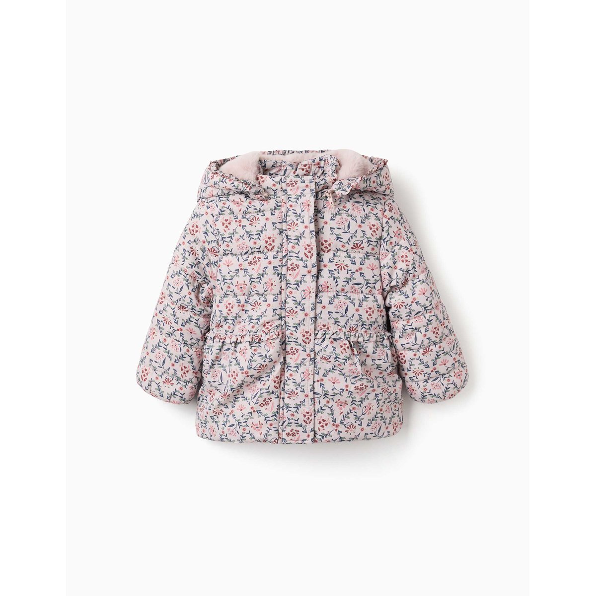 Doudoune floral avec capuche et doublure en peluche douce synthétique beige clair, ZIPPY
