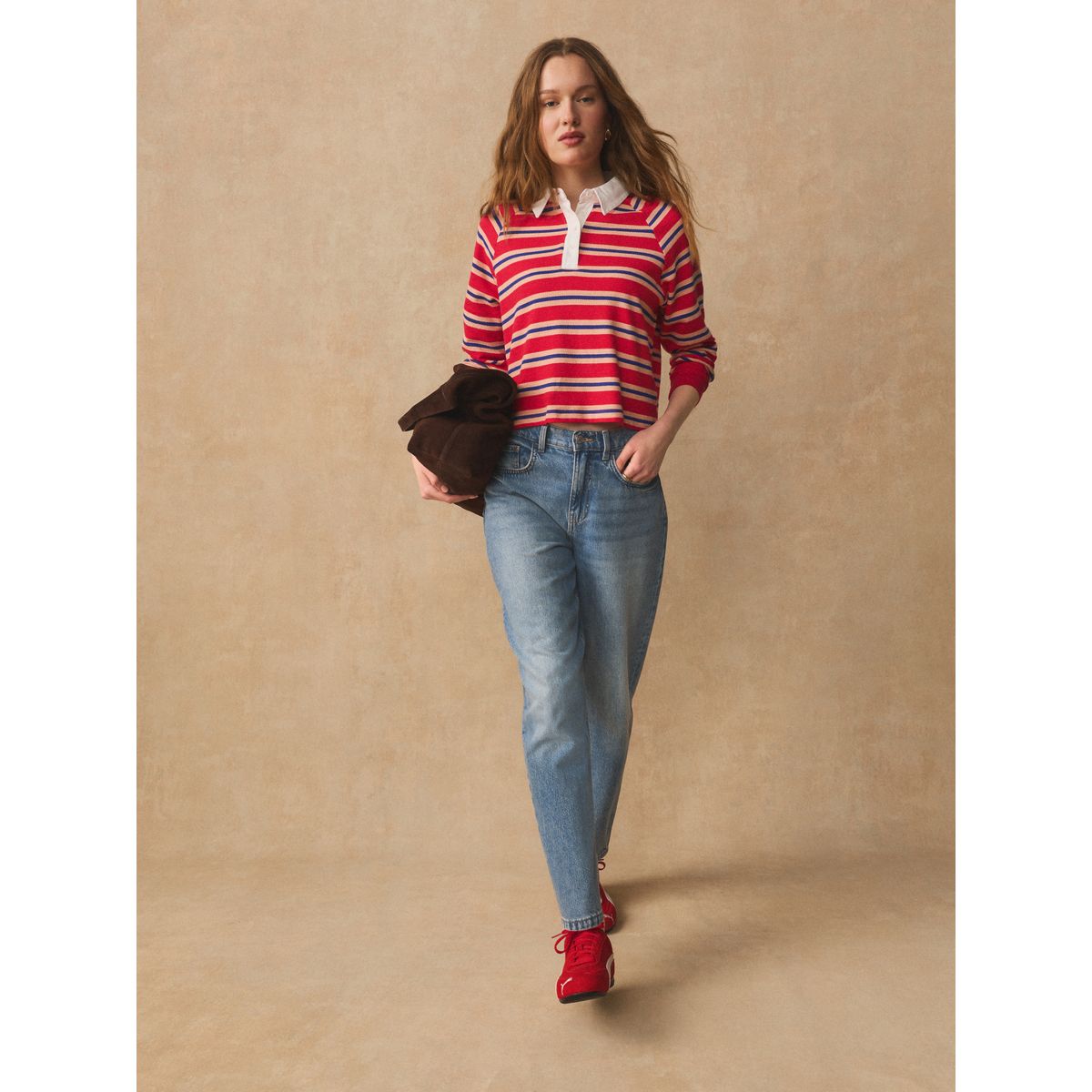 Polo de rugby avec col et manches longues rayures rouges et bleues, NEXT