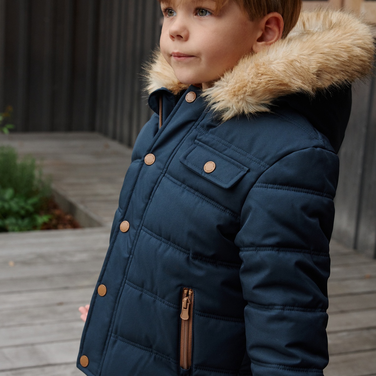 Doudoune enfant imperméable doublée sherpa avec capuche Louis bleu, PETIT BEGUIN