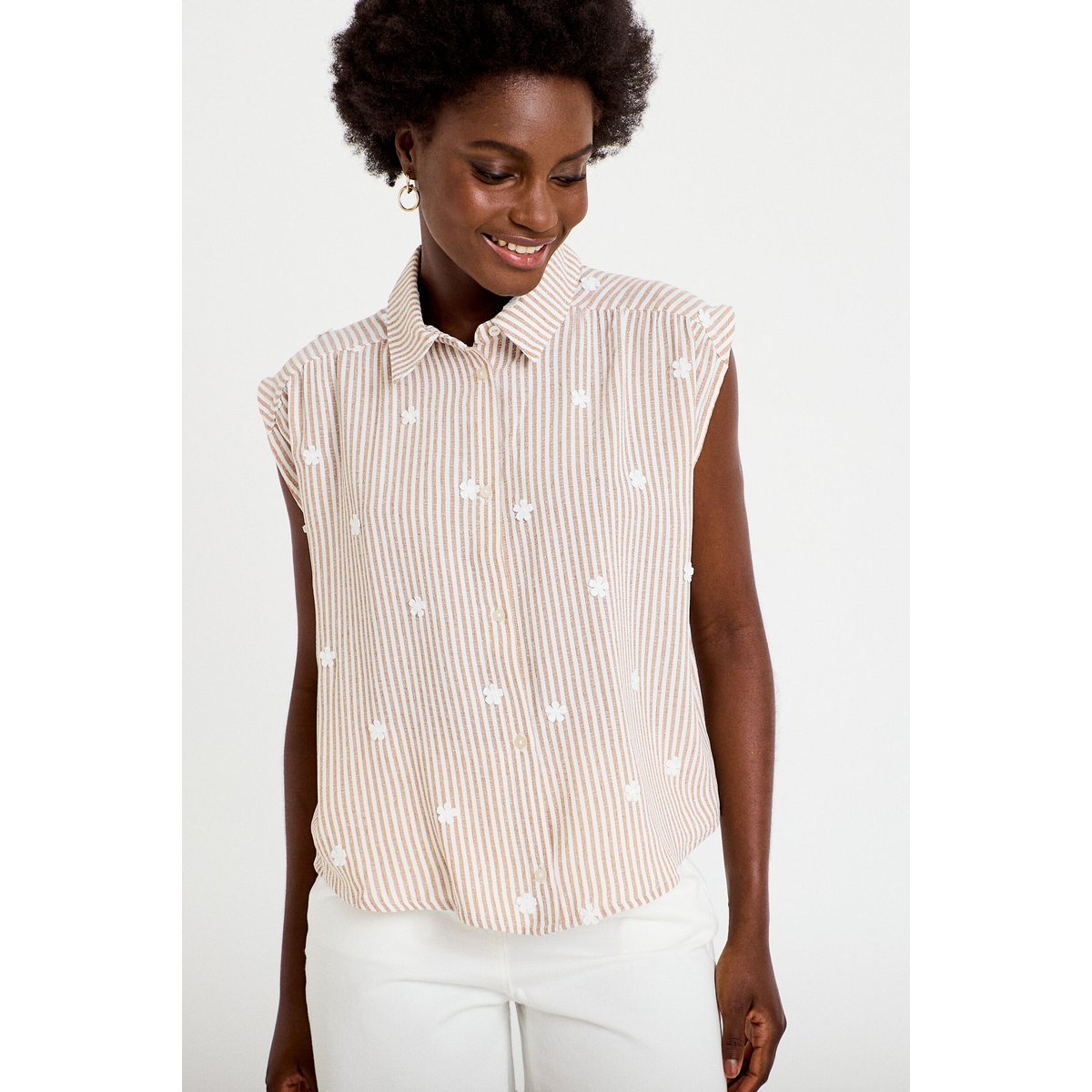 Blouse sans manches col classique marron, CACHE CACHE