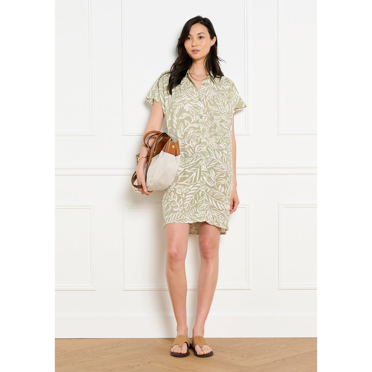 Robe chemise courte imprimée khaki, LOLALIZA