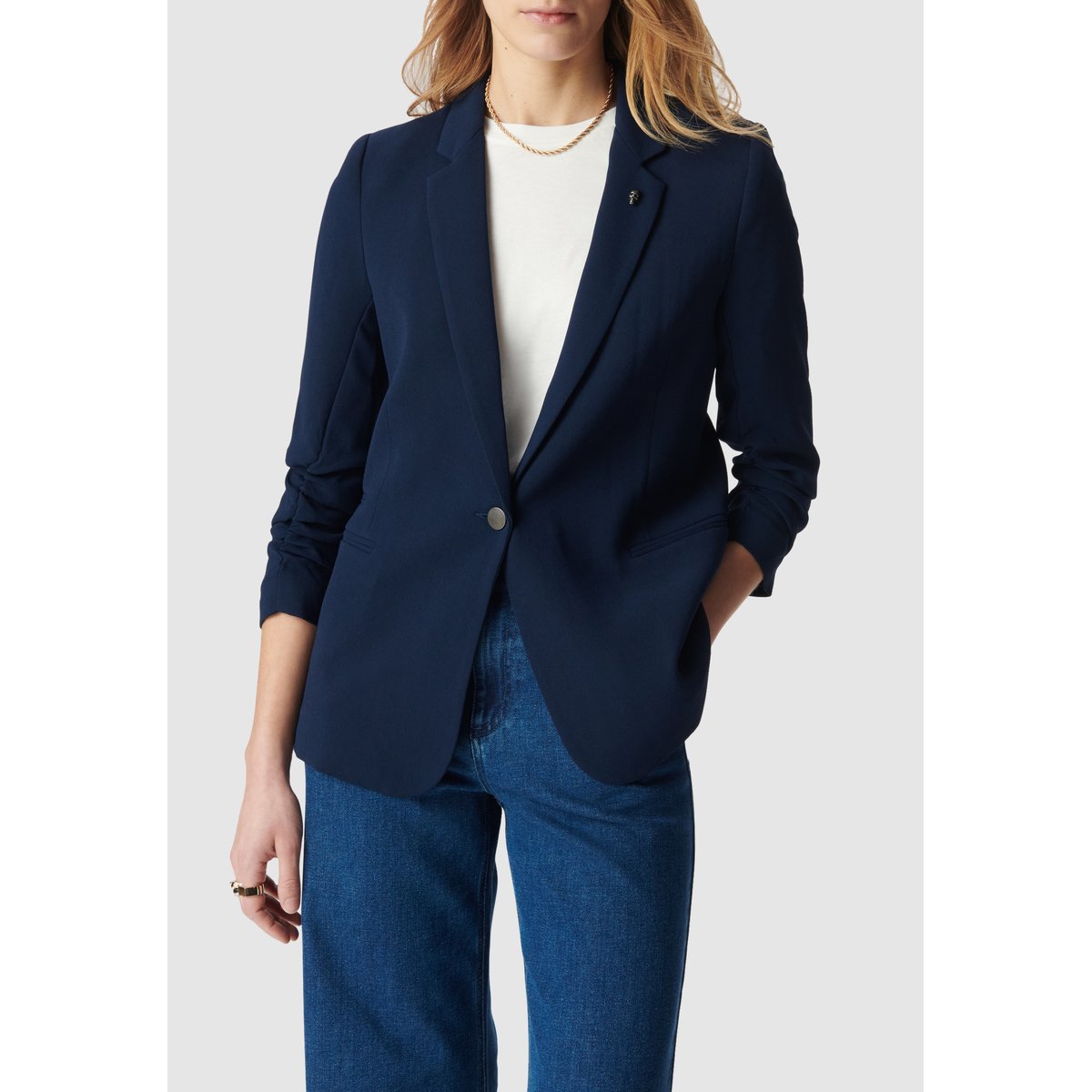 Veste de tailleur manches 3/4 froncées bleu marine, IKKS