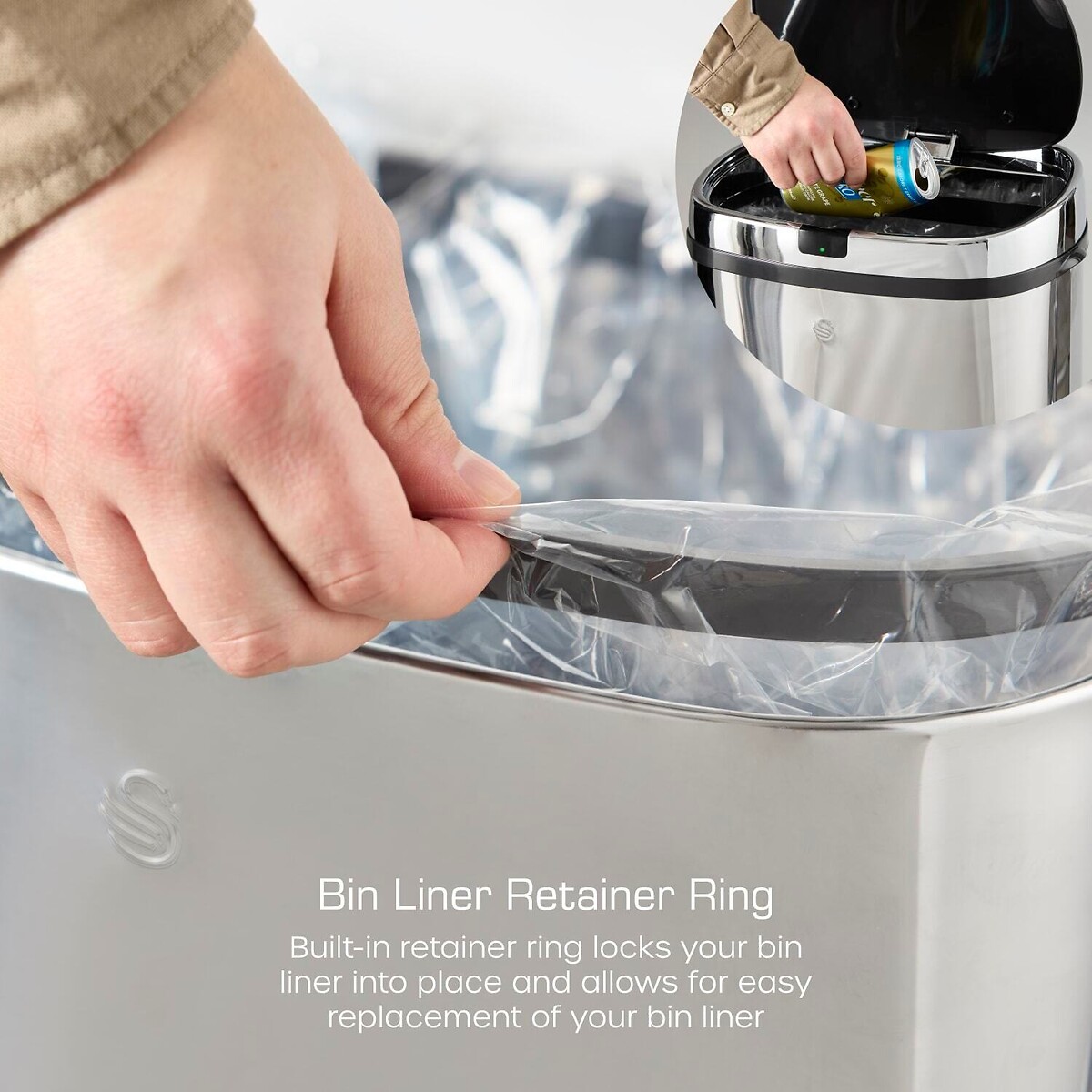 42L Stainless Steel Square Sensor Bin silver-coloured, SWAN