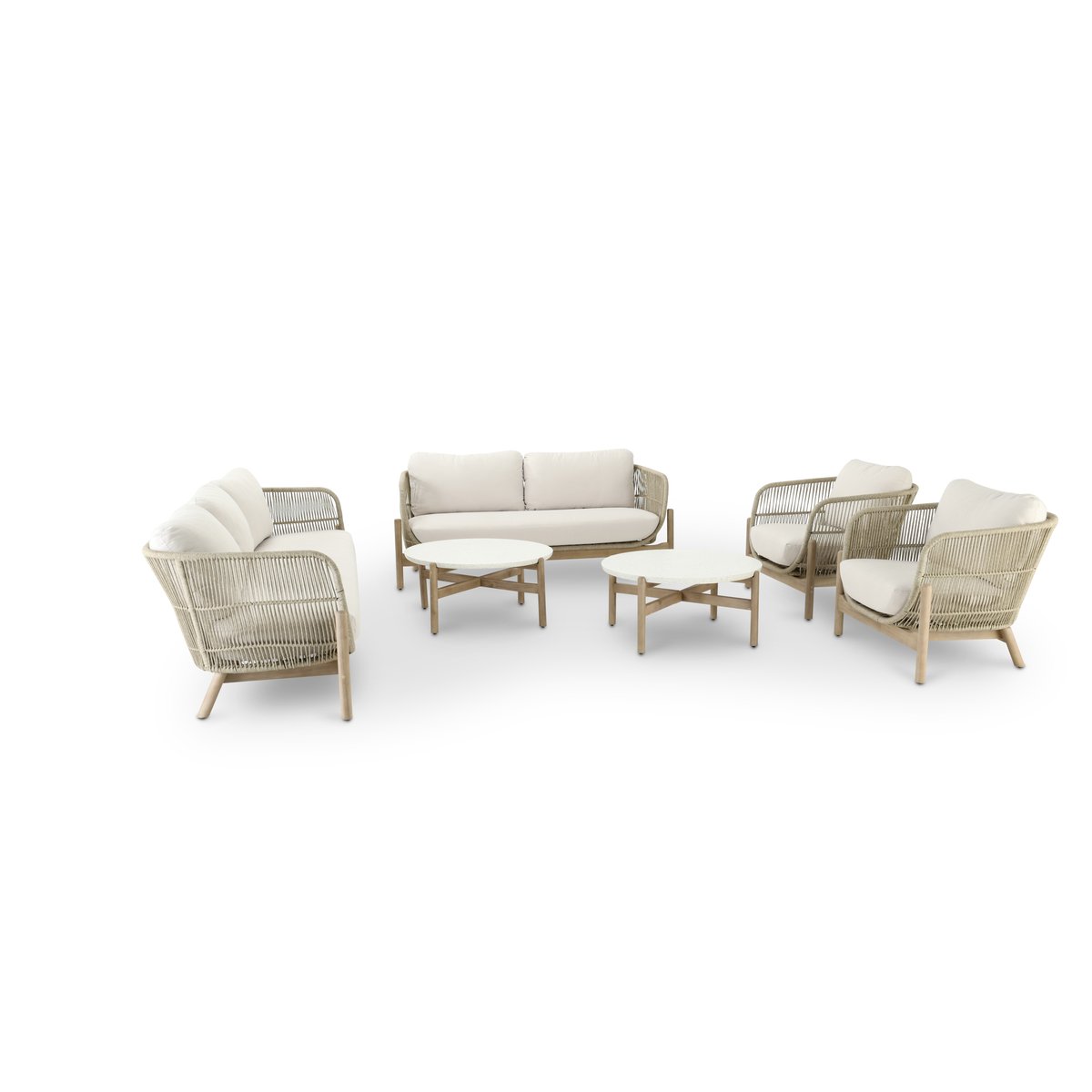 Salon de jardin 7 places, 2 tables, PROVENZA structure bois clair, corde beige, coussin écru, DEFORA HOME