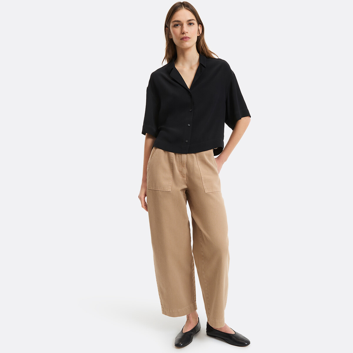 Chemise col tailleur, manches courtes noir, LA REDOUTE COLLECTIONS