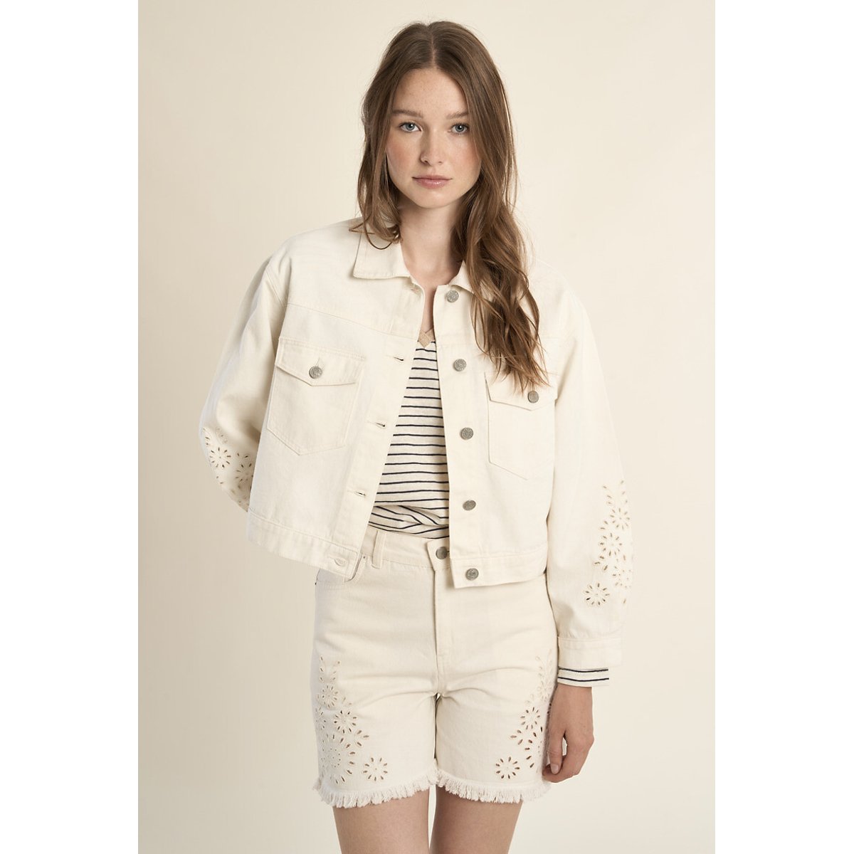 Pantaloncini in denim traforato bianco, MOLLY BRACKEN