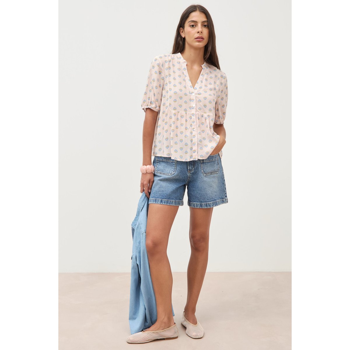 Chemise droite col v manches courtes rose, BONOBO