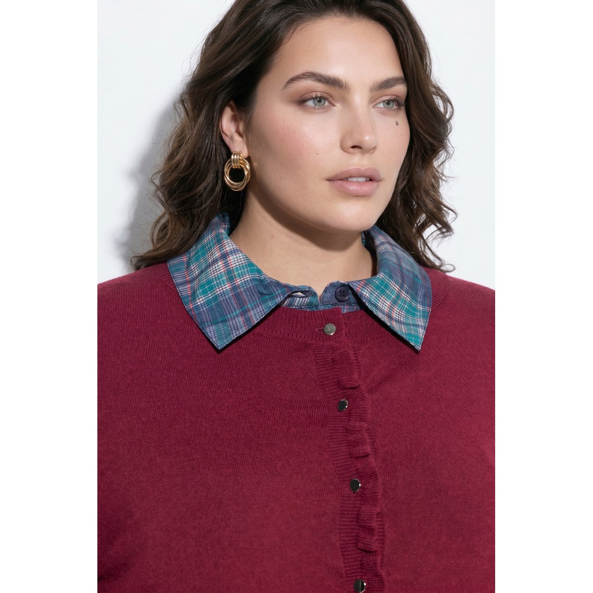Cardigan à col rond et manches longues rouge vin foncé, ULLA POPKEN
