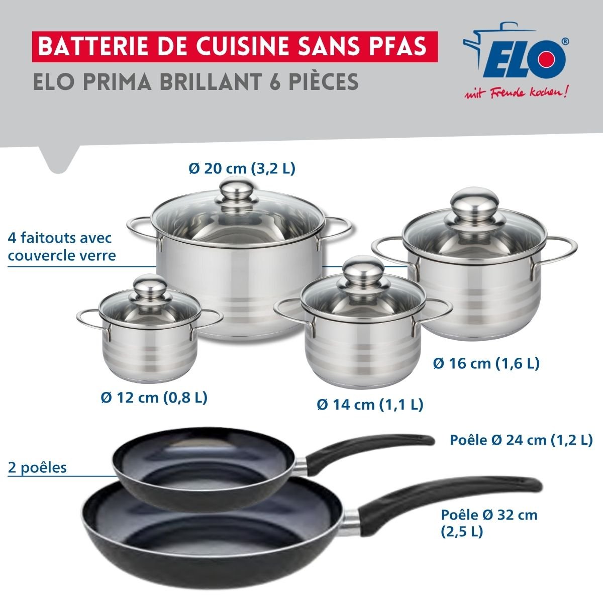 2 poêles 24/32cm + 4 faitouts 12/14/16/20cm PRIMA BRILLANT noir, ELO
