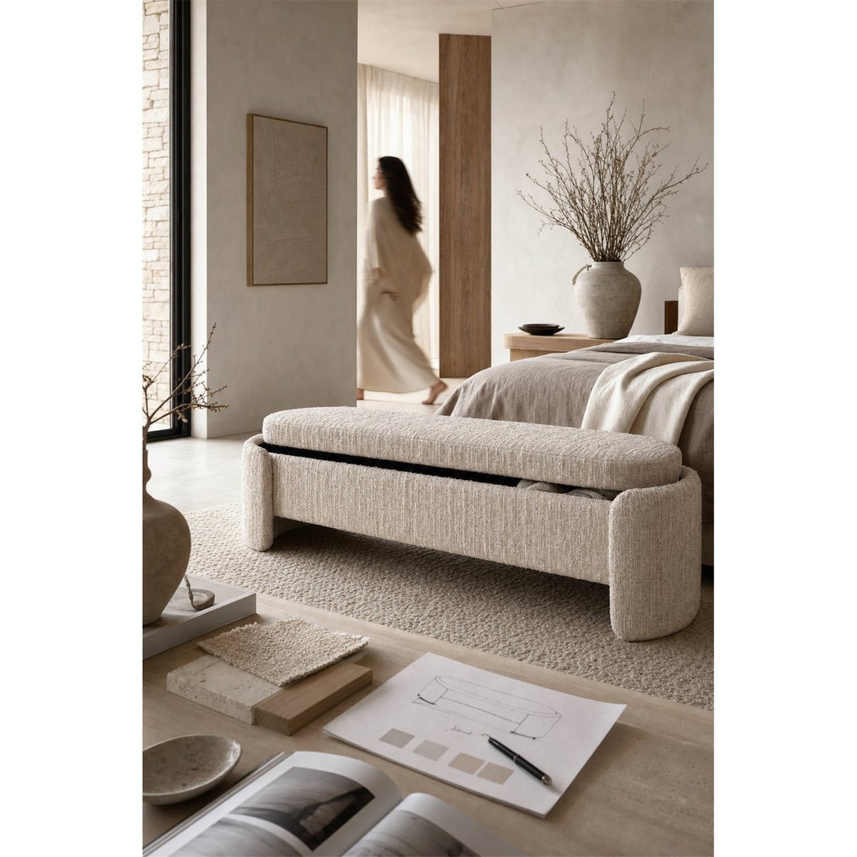 Banc coffre avec rangement, Assise rembourrée beige angora, RECOLLECTION