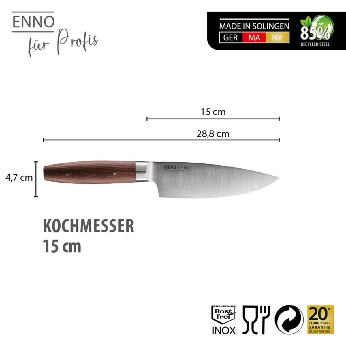 Couteau de cuisine Enno 15 cm en acier et bois de noyer argent et marron, GEFU