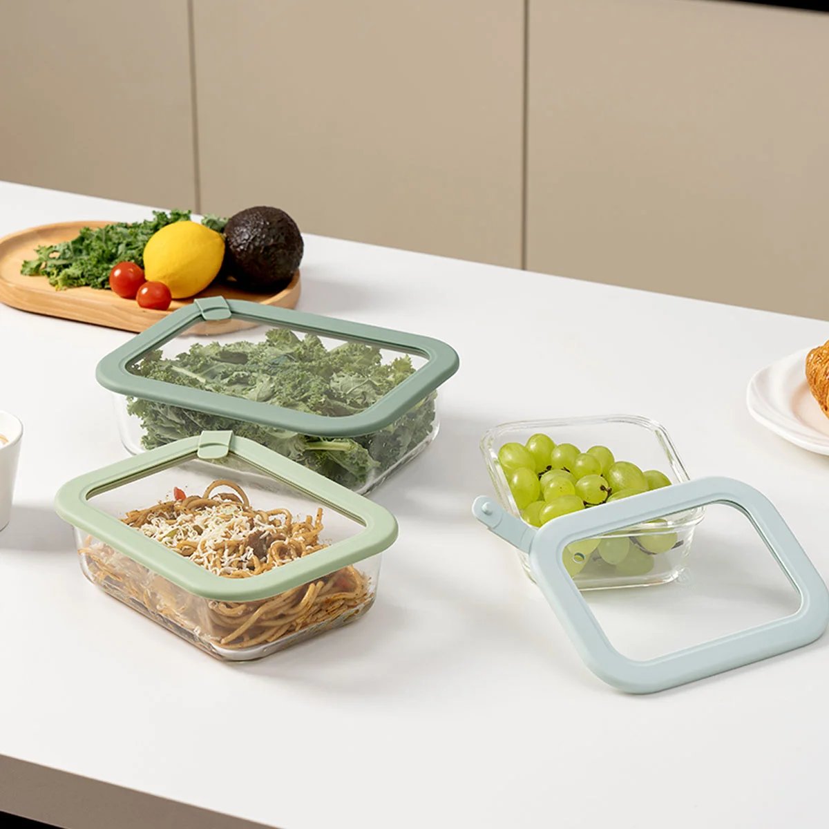 Lot de 3 boîtes en verre rectangulaires avec couvercles (640, 1050, 1520 ml) - Pure vert, LAGUIOLE CUISSON
