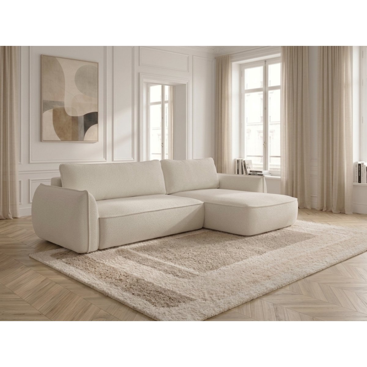 Canapé d'angle convertible 3 places en tissu chenille, ESMEE blanc, BOBOCHIC