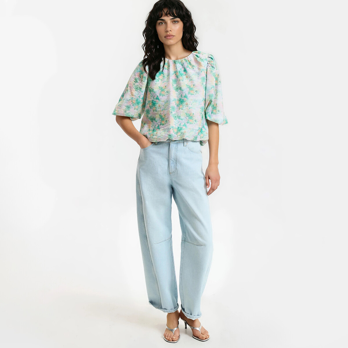Blouse col rond manches bouffantes imprimé floral imprimé fond vert, LA REDOUTE COLLECTIONS