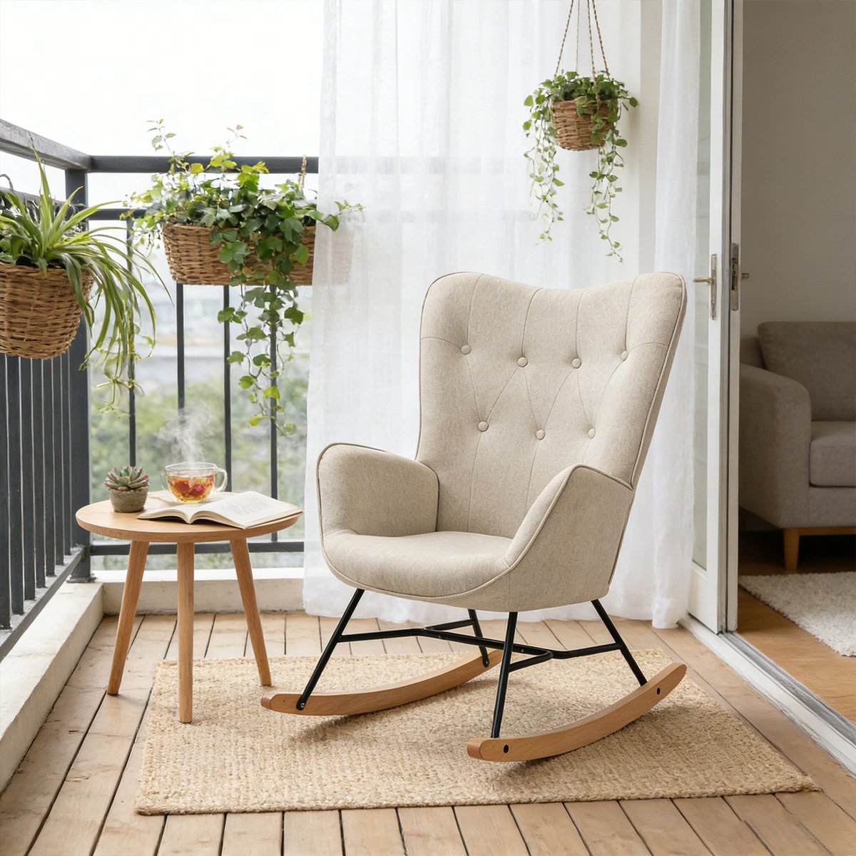 Fauteuil à bascule rocking chair scandinave en tissu, EPPING beige, MEUBLES COSY
