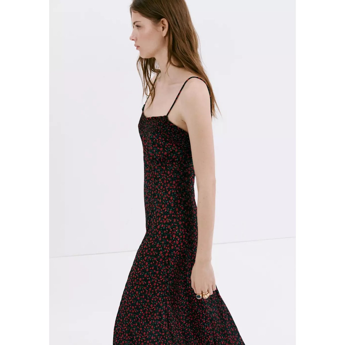 Robe midi à fleurs à décolleté froncé noir, MANGO