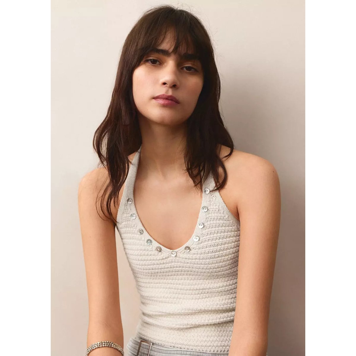 Top emmanchures américaines boutons beige, MANGO TEEN