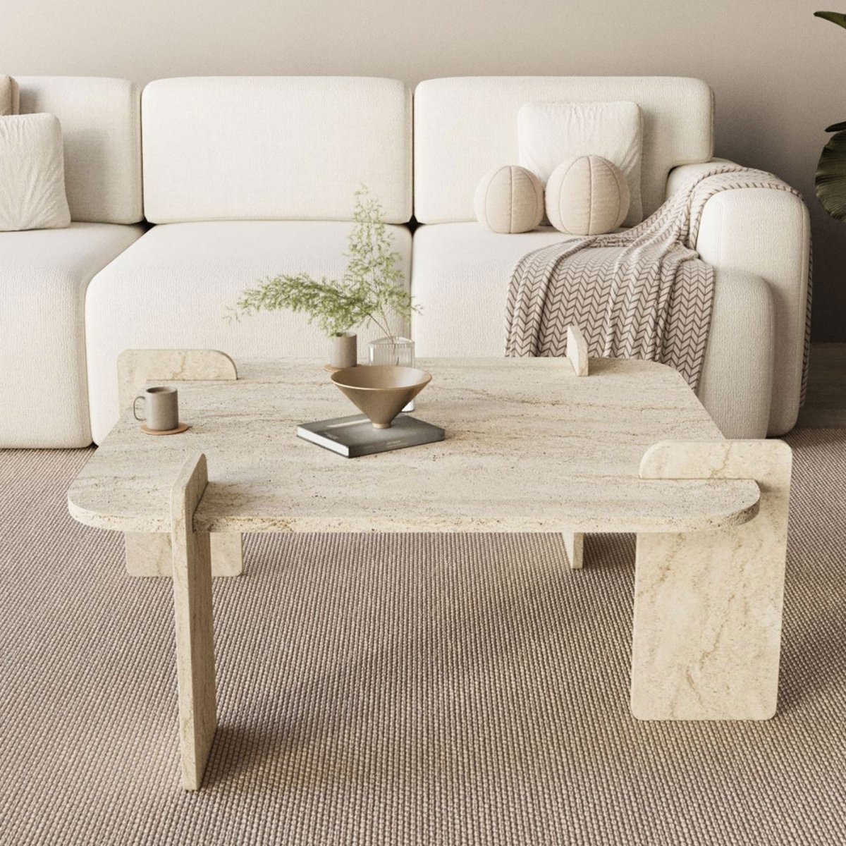 Table basse effet travertin 90x90cm- SOLENI beige, DRAWER