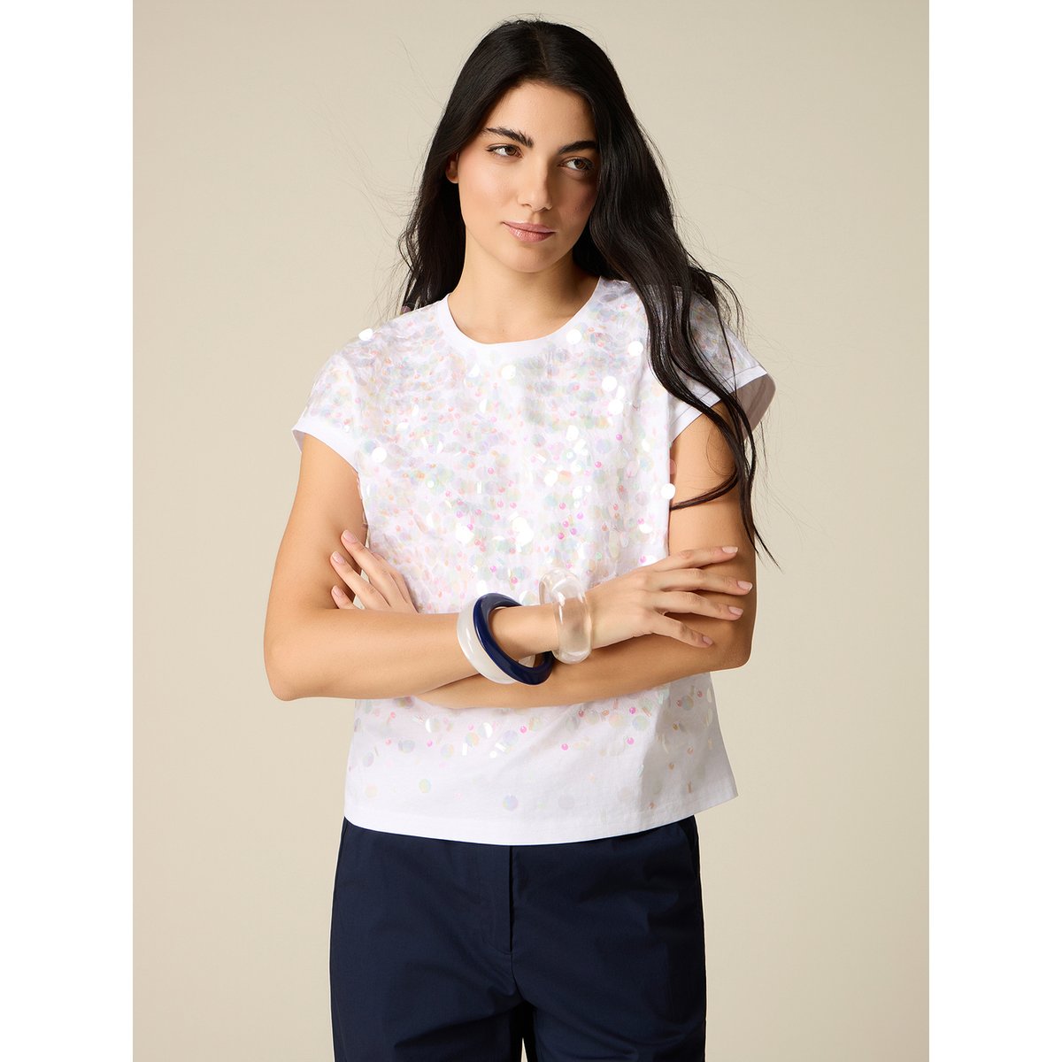 T-shirt avec broderie en paillettes blanc, OLTRE