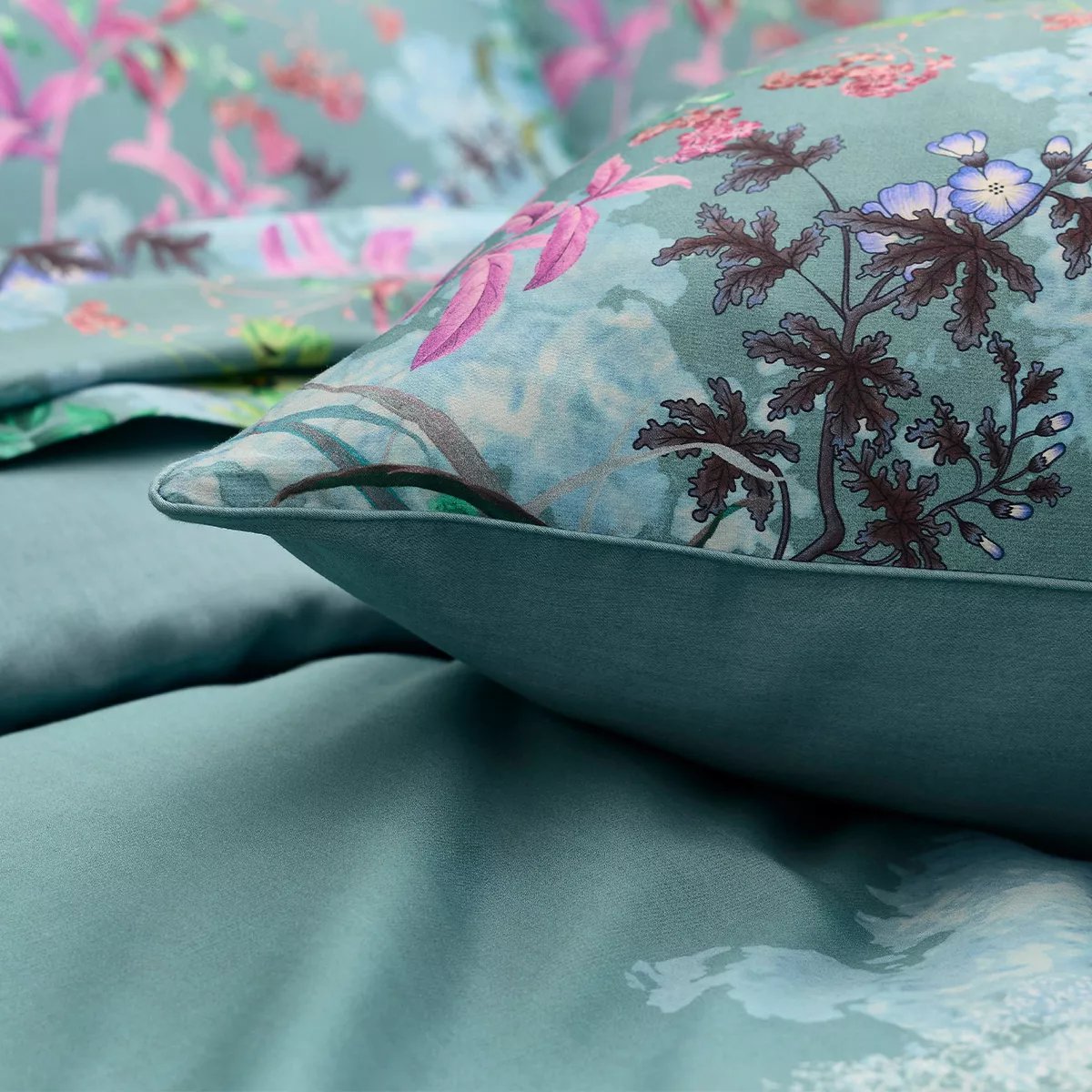 Parure de lit satin de coton 90 fils OMBRES BOISEES givre, GARNIER THIEBAUT