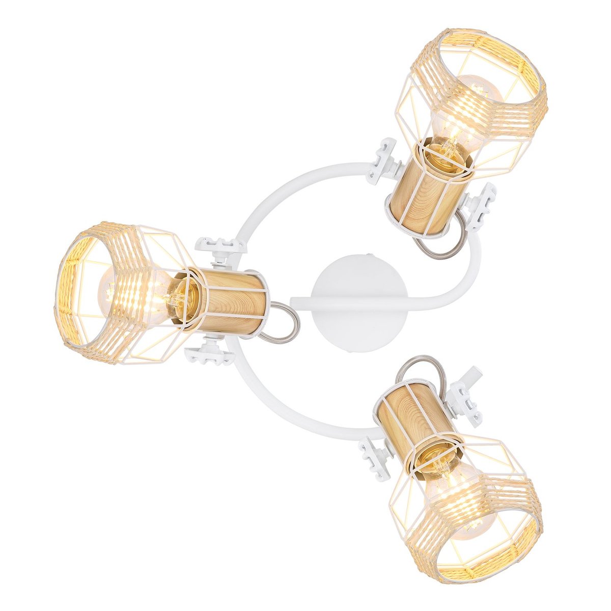 Plafonnier rond 3 spots en métal et bois avec corde BANA blanc, GLOBO LIGHTING