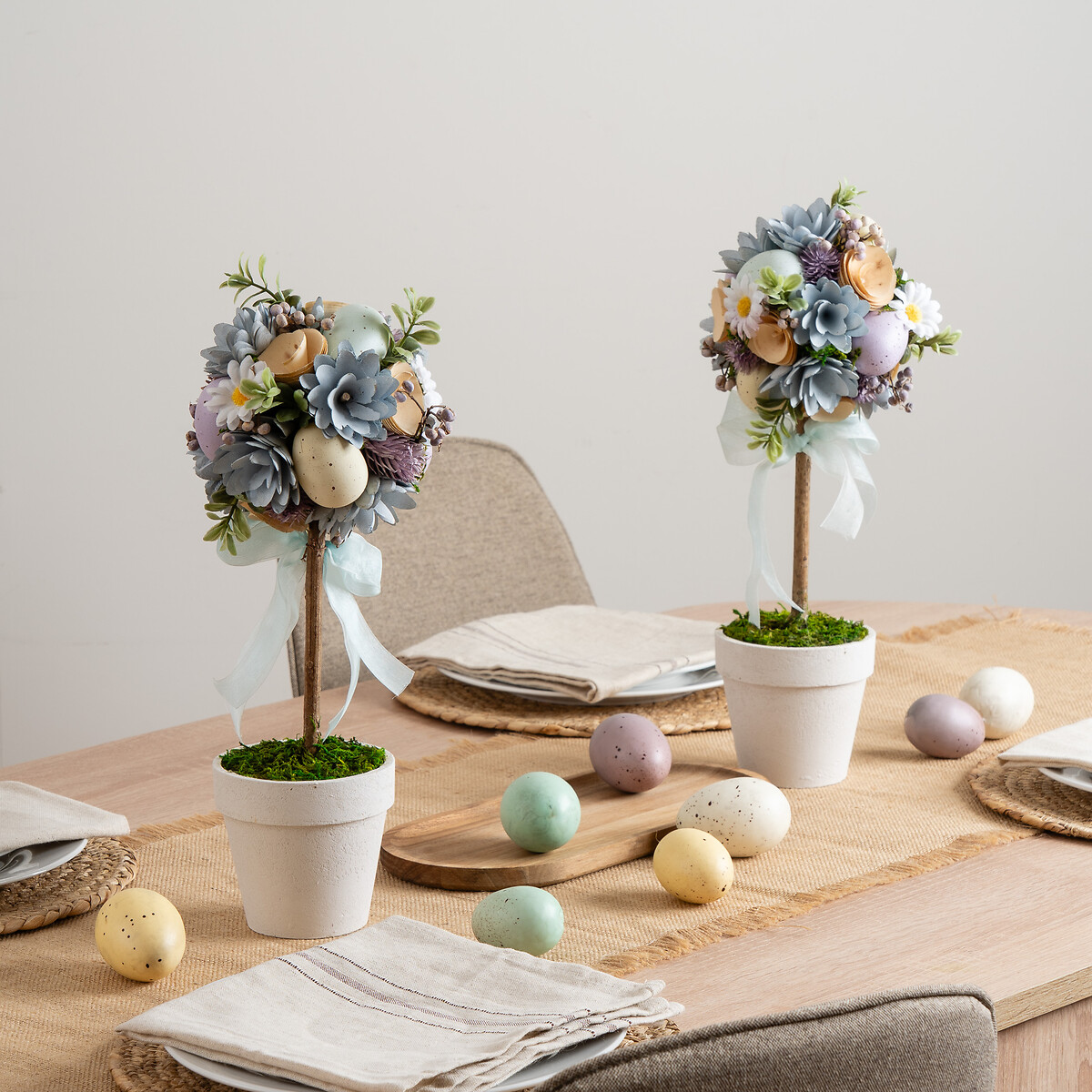 Set 2 36cm Easter Egg Wood Shave Topiary Trees blue, SO'HOME