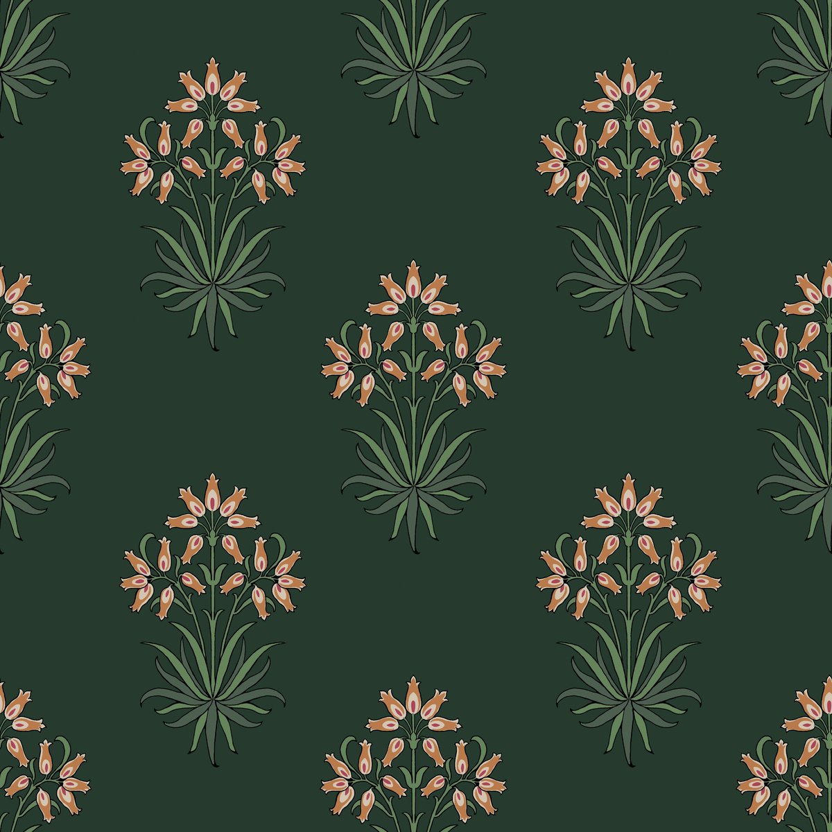 Papier peint fleuri Hyacinth Forest vert, corail, WILLIAM MORRIS AT HOME