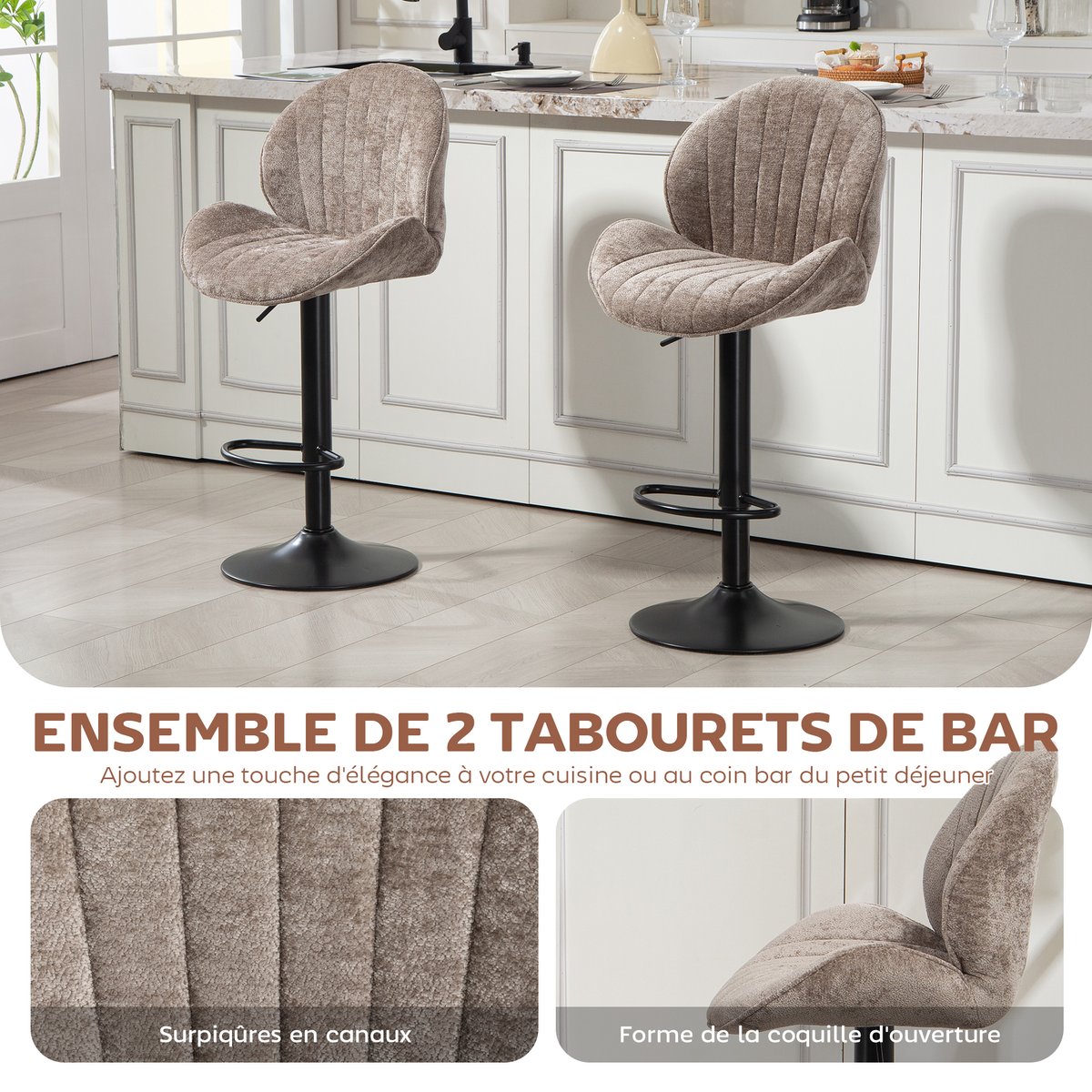 Tabouret de bar Chenille (100% polyester) marron, noir, HOMCOM