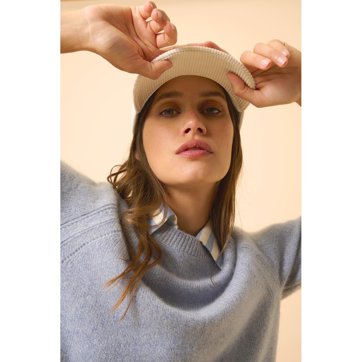 Pull Col Rond 4 Fils Bleu Ivoire Arequipa bleu blanc, JUST CASHMERE