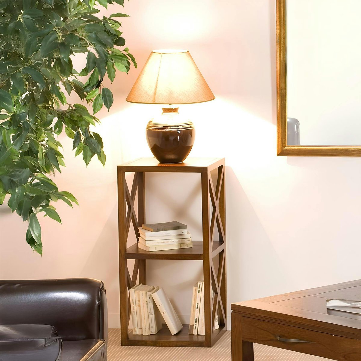 Étagère - meuble d'appoint 2 niveaux 80cm bois verni style exotique LOLA bois naturel, PIER IMPORT