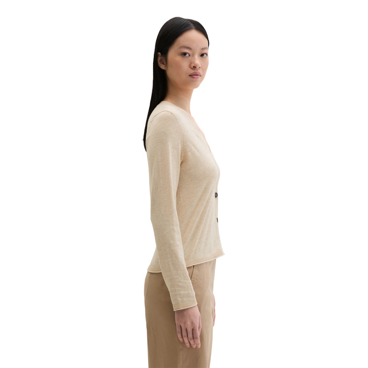 Cardigan en maille fine loose en coton et lin mélangés beige, MARC O'POLO