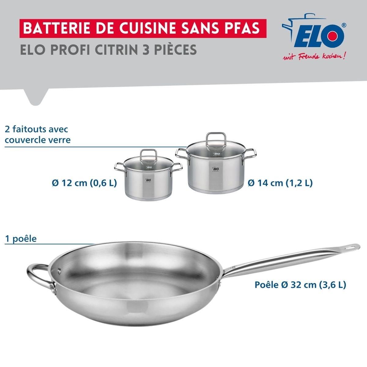 Batterie 1 poêle 32cm + 2 faitouts 12/14cm PROFI CITRIN gris, ELO
