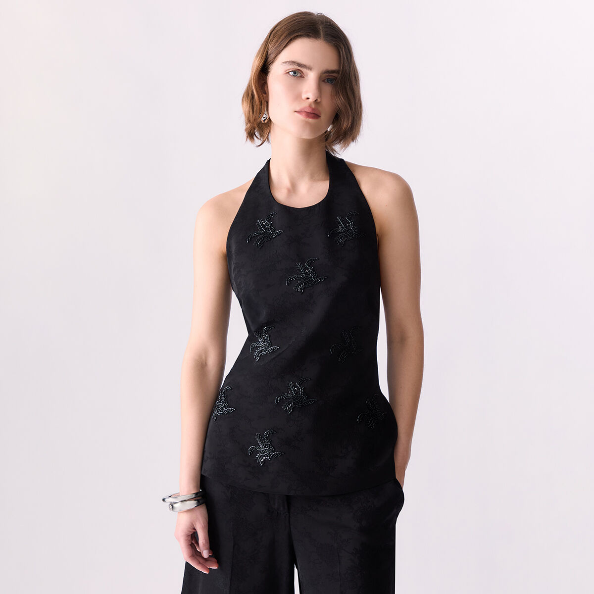Top jacquard avec broderies bijoux noir, LIU JO