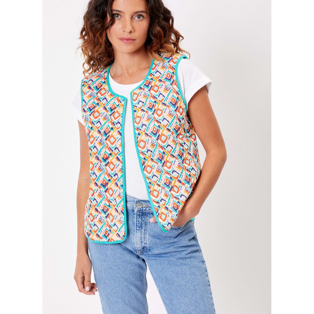 Gilet imprimé sans manches coton bio réversible matelassé NACHO rose paqui, LA FIANCÉE