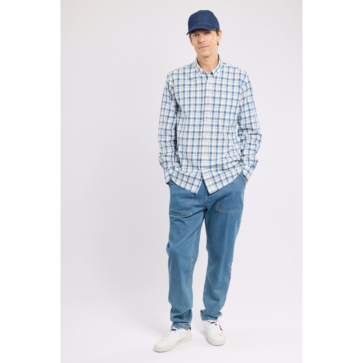 Chemise à carreaux - coton et lin carreaux délavé bleu, ARMOR-LUX