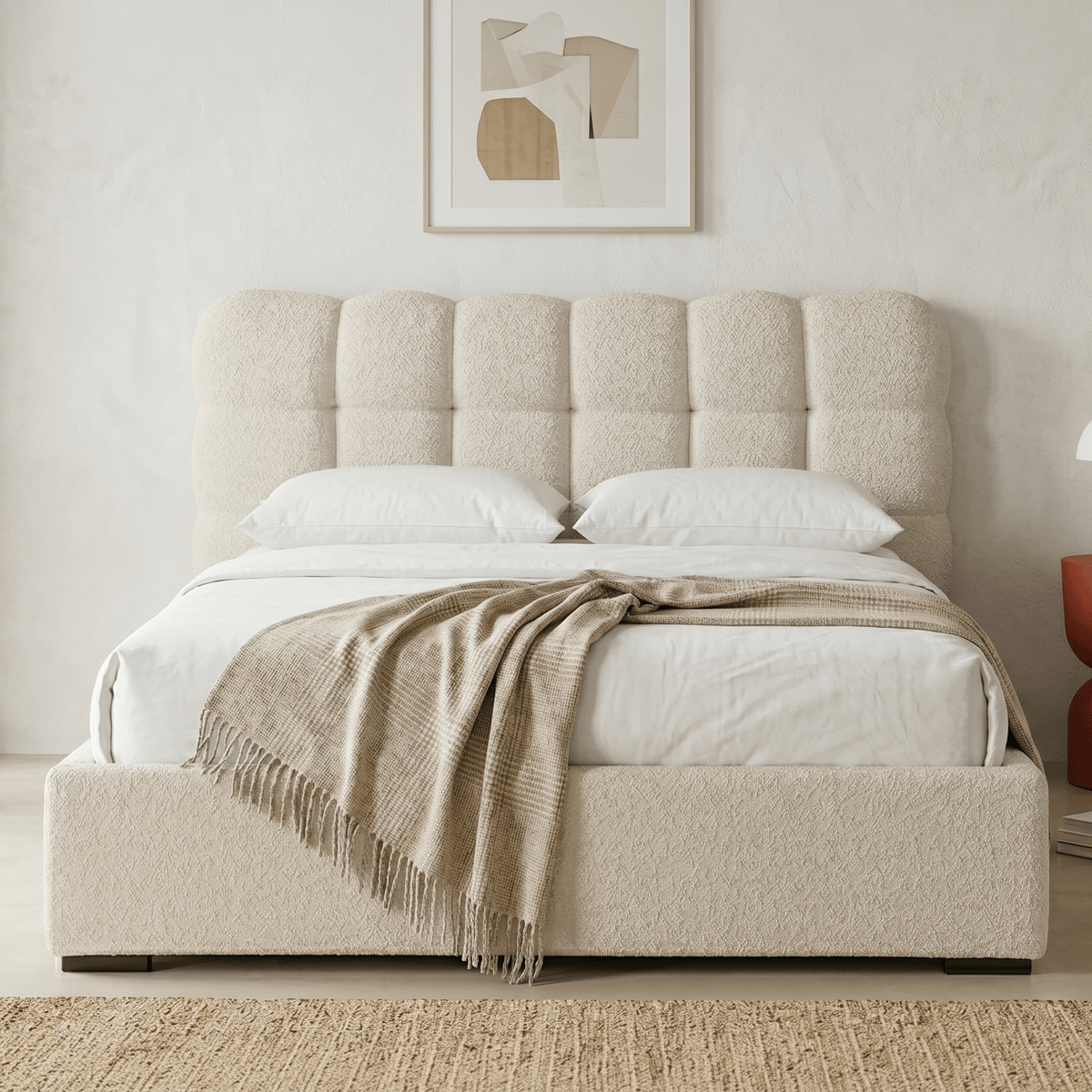 Lit coffre avec tête de lit en tissu bouclé - LOLA beige, HOMIFAB