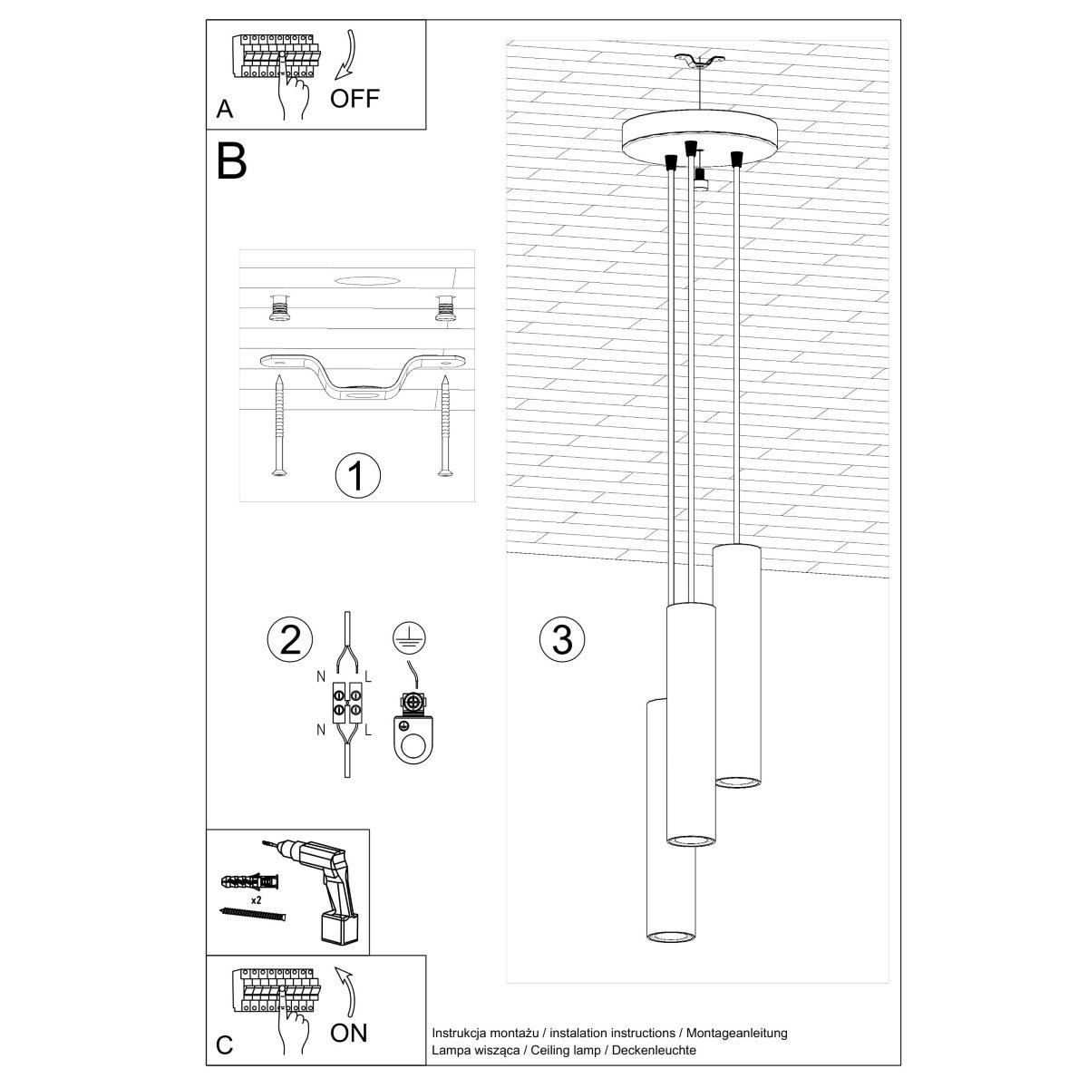 Suspension Acier Noir GU10 3 Lagos noir, EDEN