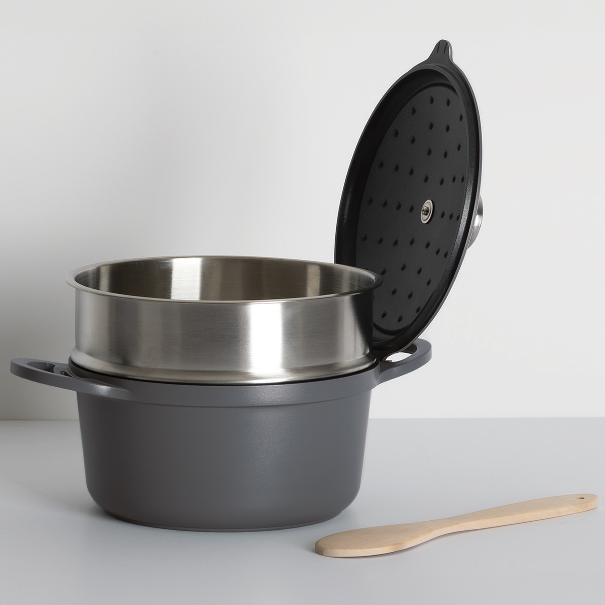 Cocotte 24cm en fonte d'aluminium avec panier vapeur ALURO gris clair, 5FIVE SIMPLY SMART