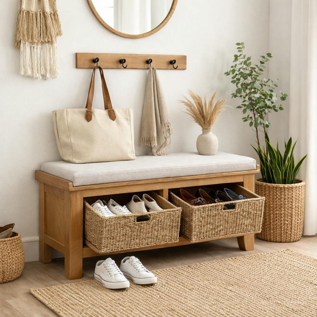 Banc d'entrée en chêne avec 2 paniers de rangement VALMONT bois naturel, PIER IMPORT