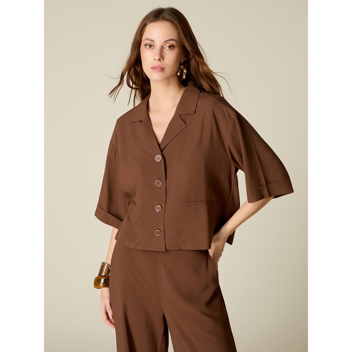 Chemise courte en viscose marron, OLTRE