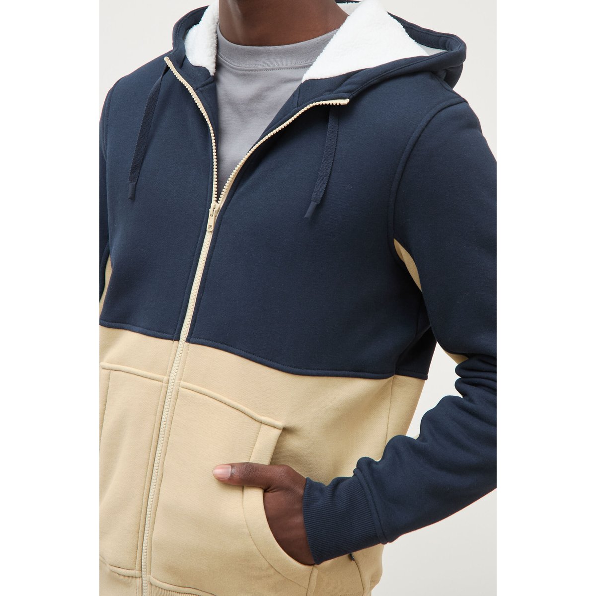 Sweat droit sherpa à capuche bleu marine, BONOBO