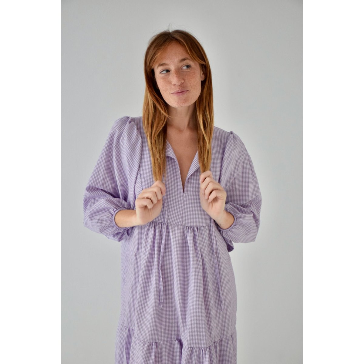 Robe longue vichy col V GABRIELA violet, MINDTRAVELER