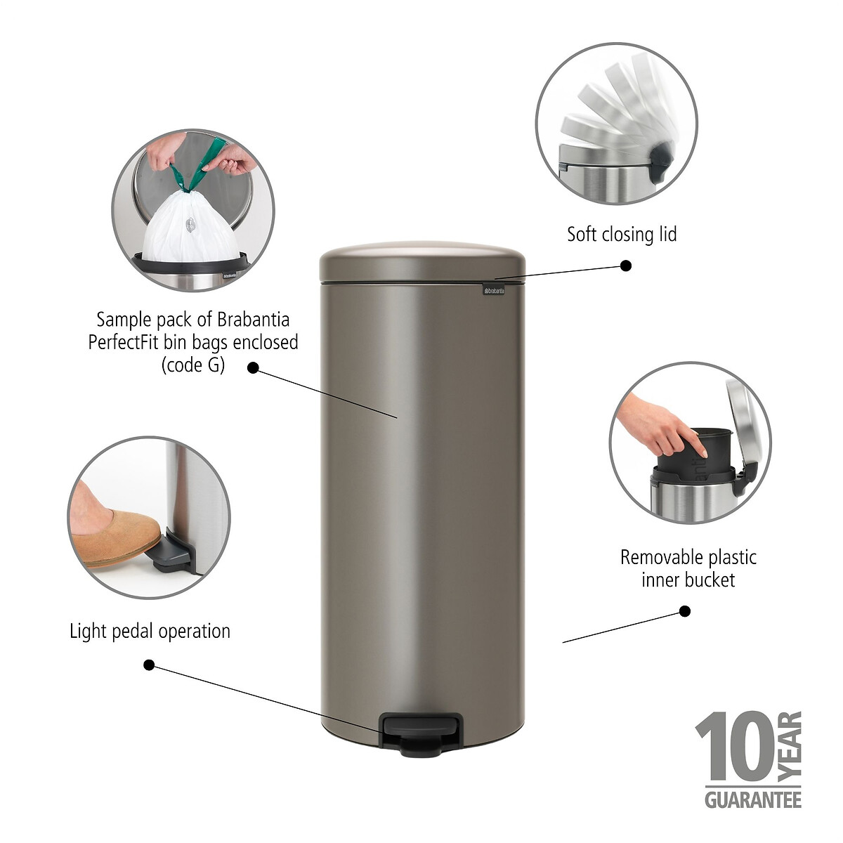 NewIcon Pedal Bin, 30L platinum, BRABANTIA