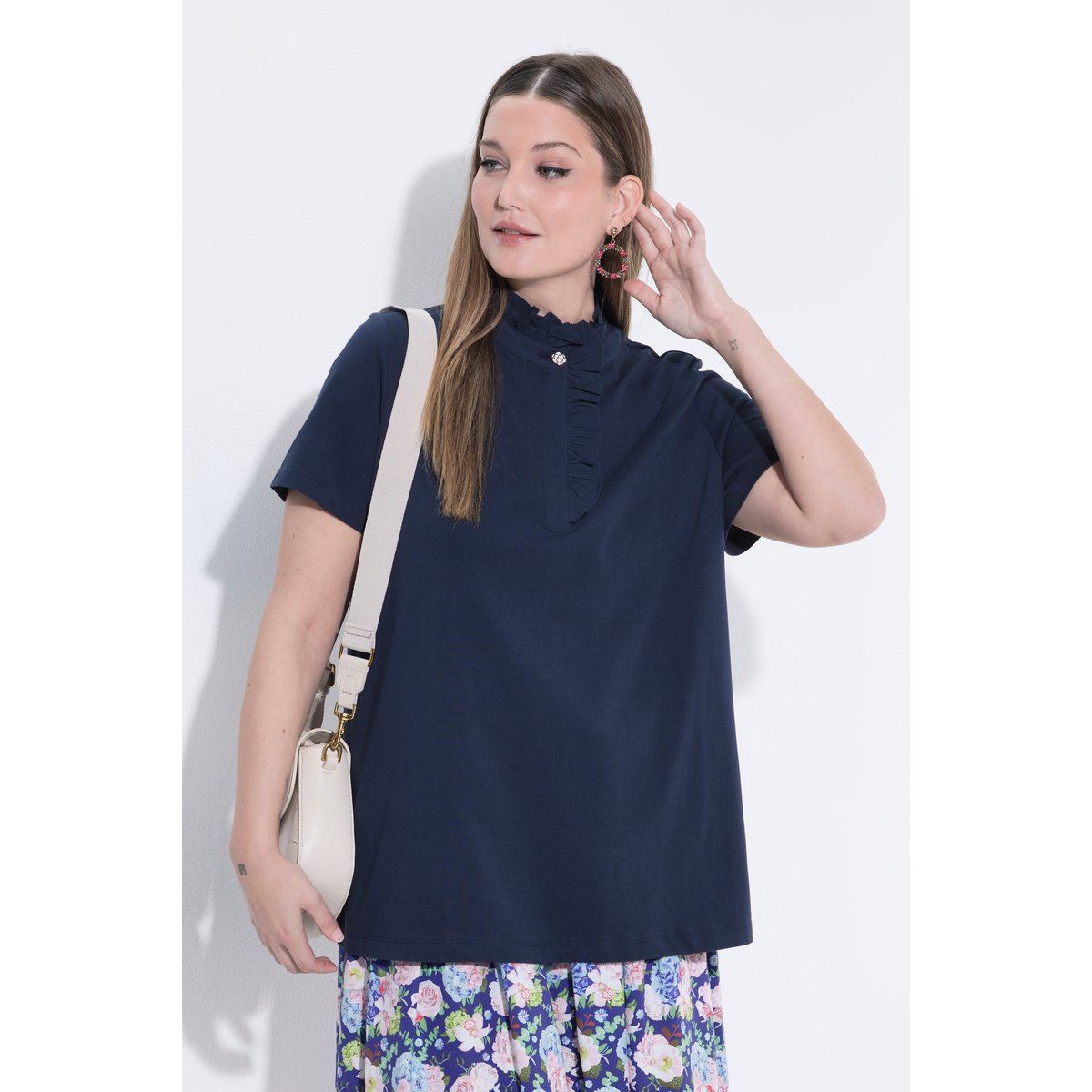 T-shirt avec ruchés et manches courtes marine, ULLA POPKEN